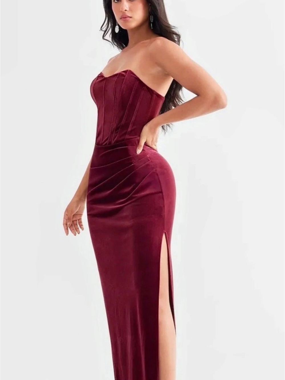Popilush Strapless Velvet Ruched Sculpting Corset Gown Burgundy